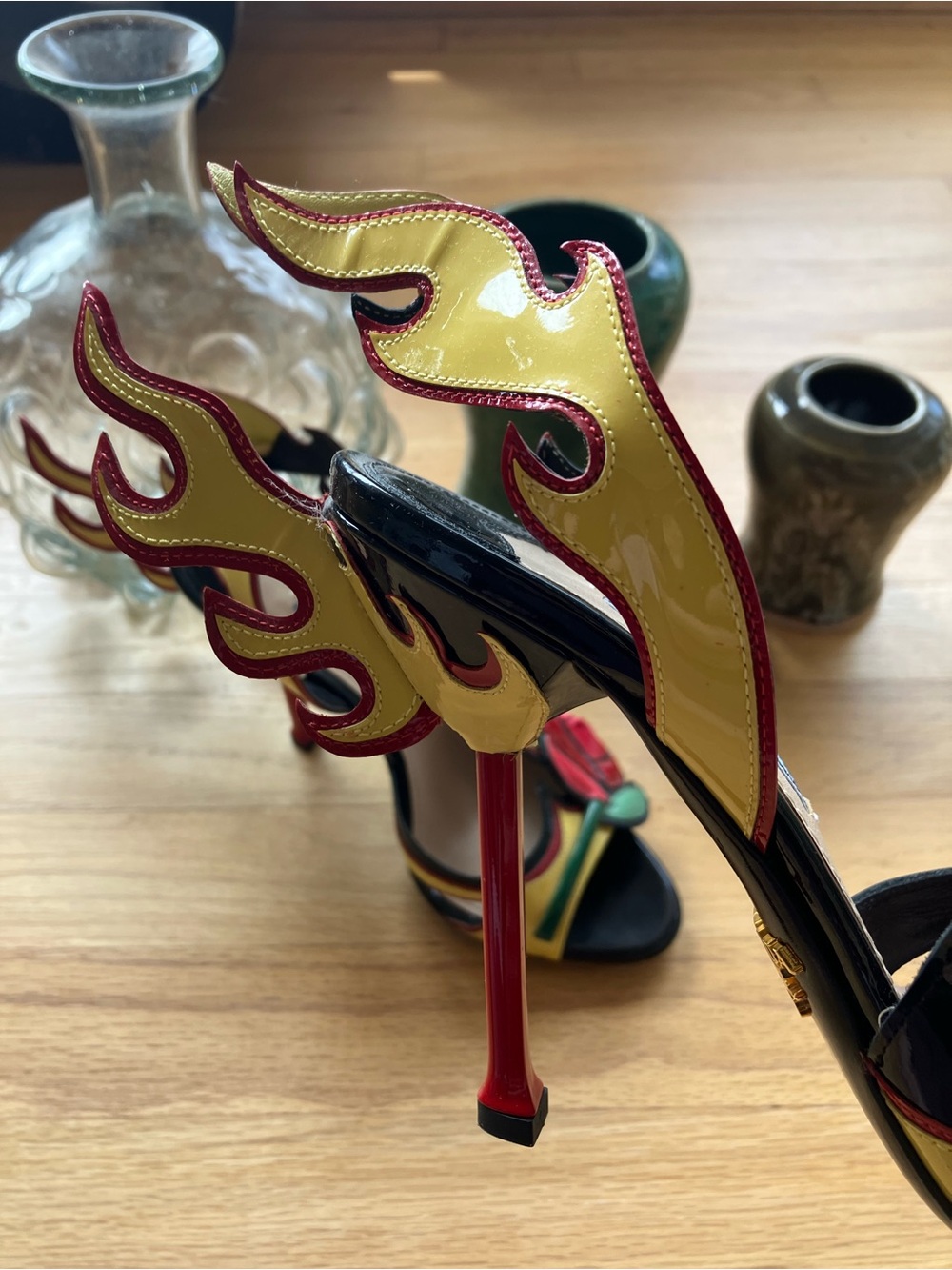 Iconic Prada Hot Rod Flames Heels SS 2012 Yellow With Roses Like New 36.5/6.5 - Picture 7 of 14